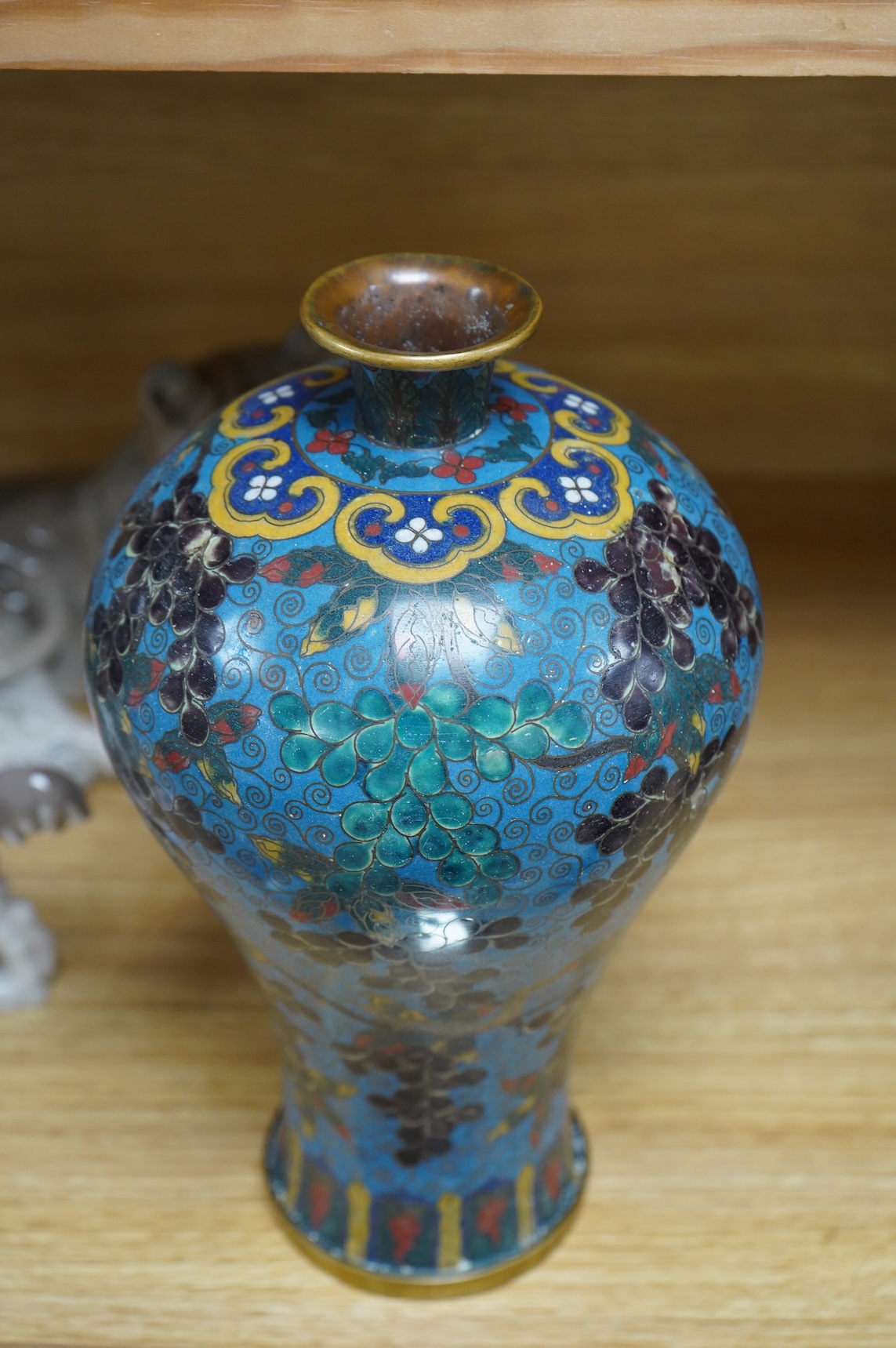A late 19th / early 20th century Chinese cloisonné enamel 'Squirrel and vine' meiping, 27cm